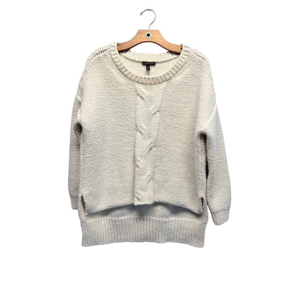 Eileen Fisher Baby Alpaca Cable Knit Sweater Cream Small High Low Pullover